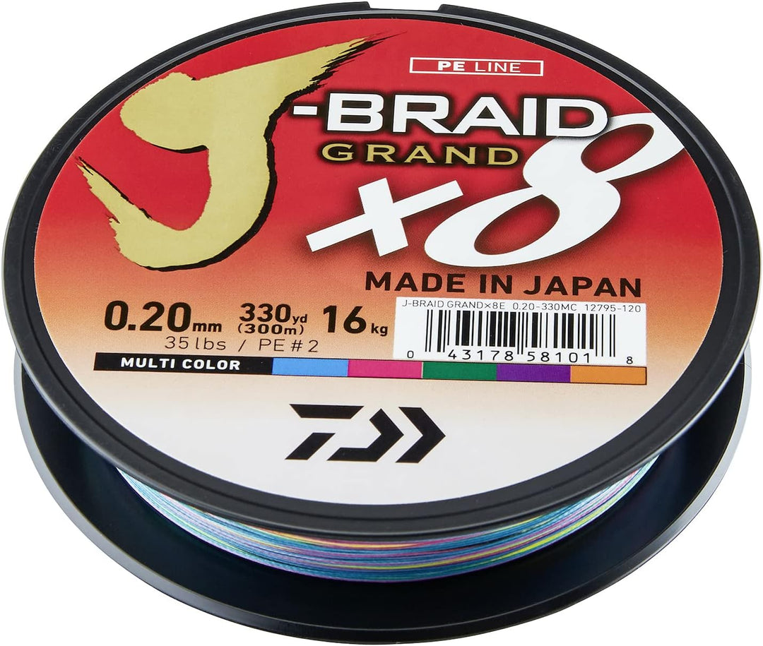 Daiwa J-Braid Grand x8E, 300m, Mehrfarbig, Geflochtene Angelschnur 300m/0.20mm, 300m/0.20mm