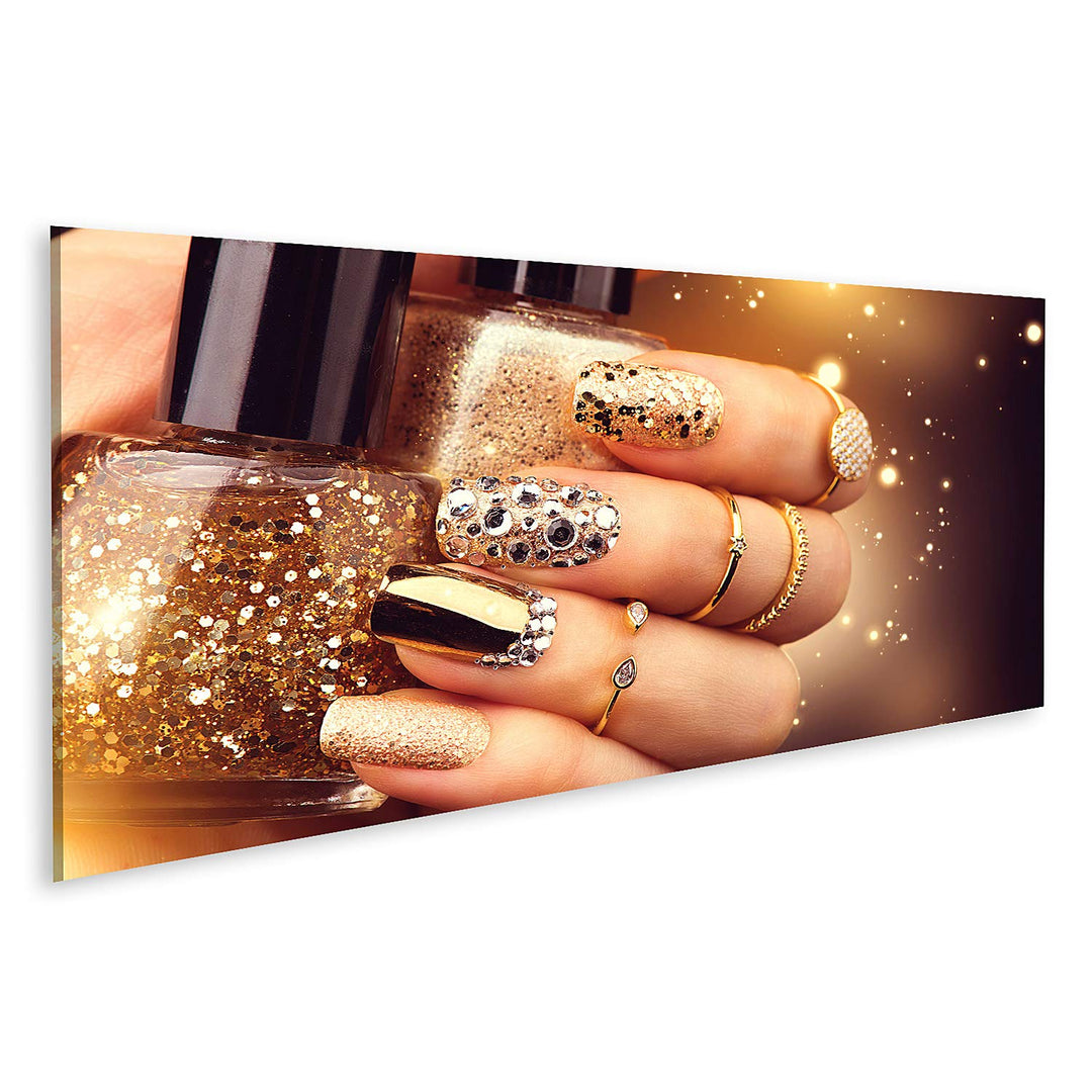 islandburner Prime Bild auf Leinwand Goldene Maniküre Mit Edelsteinen Und Glitzern Flasche Nagellack