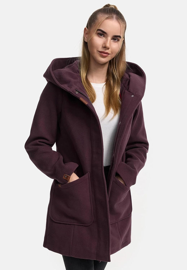 MARIKOO Damen Mantel in Wolloptik Warmer Trenchcoat mit Kapuze Maikoo XS-5XL, L Dusty Plum