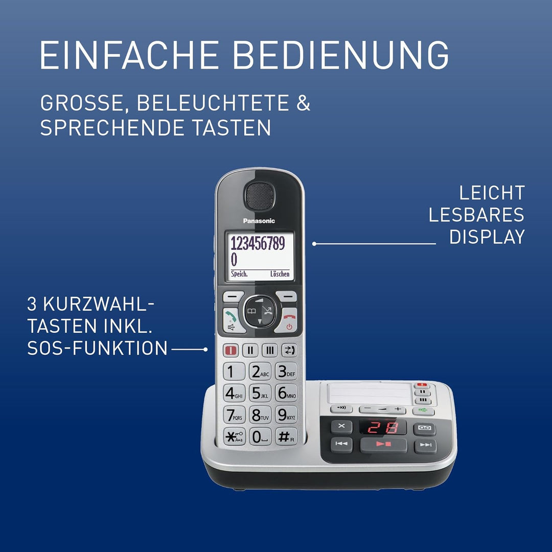 Panasonic KX-TGE520GS Senioren Schnurlostelefon mit Anrufbeantworter, Station &amp; Hörer, Freisprechein