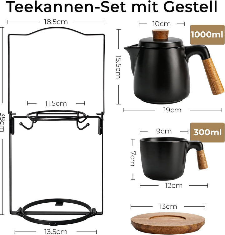 MIAMIO - 1 Liter Keramik-Teekanne-Set mit Siebeinsatz und Tassen/Teesieb, 4 Keramik-Teetassen (300 m