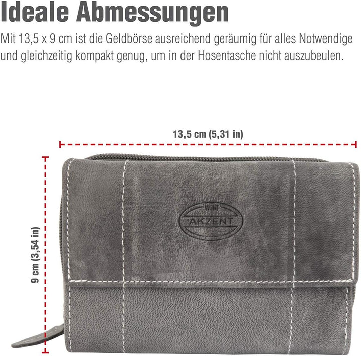 Akzent Damen Geldbörse aus Echtleder Grau Format 14 x 9 cm, Grau
