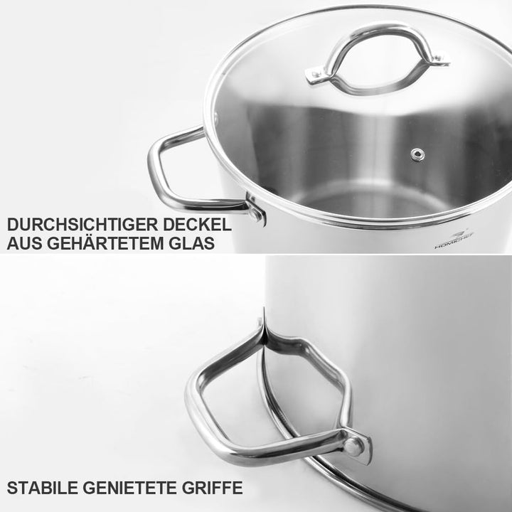 HOMICHEF Grosser Suppentopf aus nickelfreiem Edelstahl mit Deckel (31 cm, 18,9 L) – Hochglanzpoliert