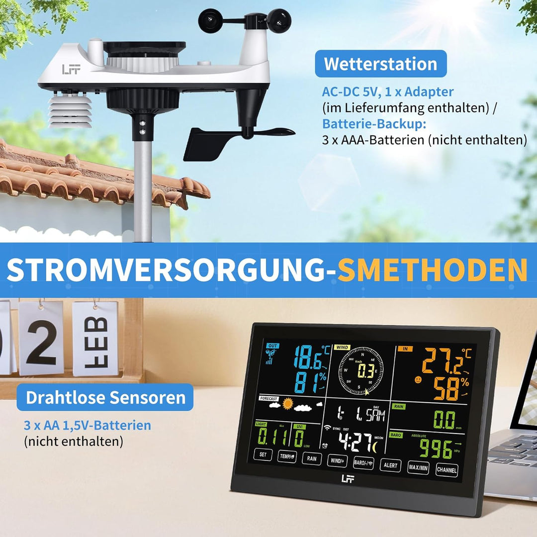 LFF WLAN 7-In-1 Wetterstation Funk mit Aussensensor, 7,5 Zoll Display,Wetterstation mit Smart Life-A