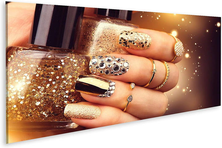 islandburner Prime Bild auf Leinwand Goldene Maniküre Mit Edelsteinen Und Glitzern Flasche Nagellack