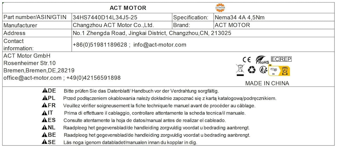 DE-SHIP FREE 1PC 34HS7440D14L34J5-25 78mm 640oz-in 4A Φ14mm Bipolar Key Way Shaft 1.8° CNC OEM ACT M