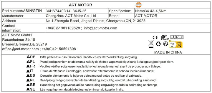 DE-SHIP FREE 1PC 34HS7440D14L34J5-25 78mm 640oz-in 4A Φ14mm Bipolar Key Way Shaft 1.8° CNC OEM ACT M