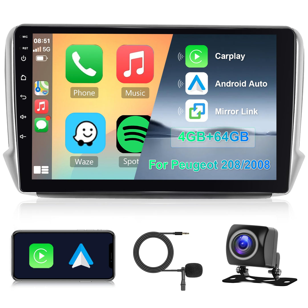 8 Core 4G+64G Hodozzy Autoradio für Peugeot 208/2008 2012-2018 mit Wireless Apple Carplay Android Au