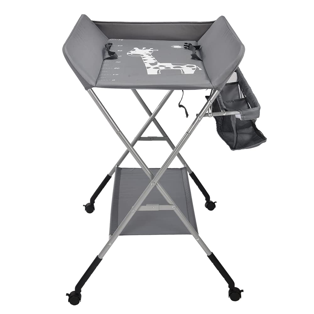 OHMG Baby Wickelkombi Klappbare Wickelkommode,Wickeltisch mit Rollen,Mobiler Wickeltisch mit Wickela