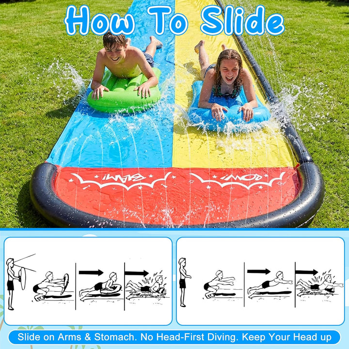 Mineup Wasserrutsche Garten, 480 x 140cm Wasserrutschmatte mit 2 Bodyboards, Doppelrutsche mit Einge