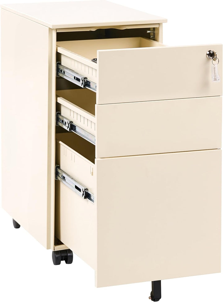 Aktenschrank Metall 3 Schubladen Hellbeige rollbar abschliessbar Büroschrank Bolsena