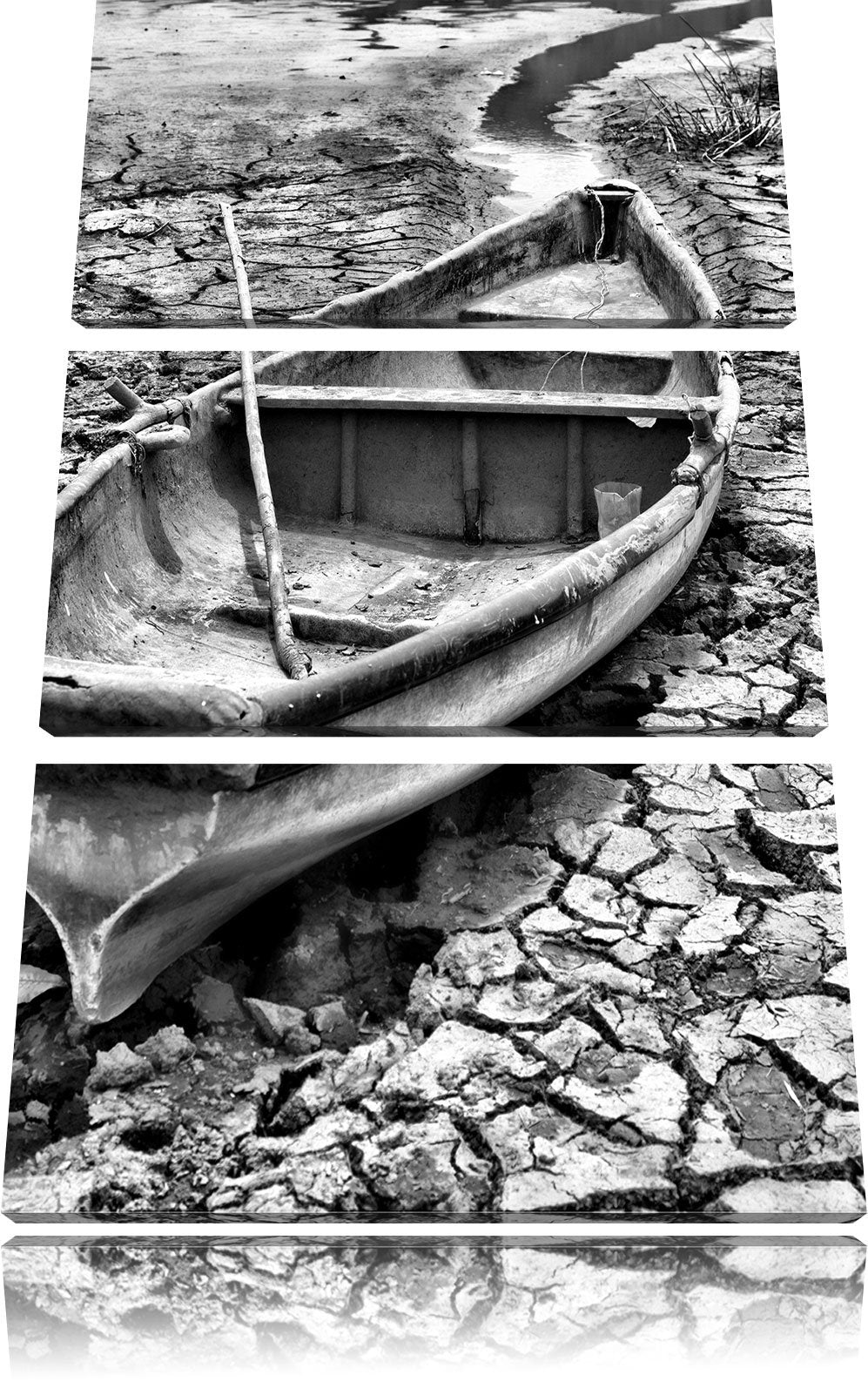 Pixxprint Monocrome, Boot im ausgetrockneten See 3-Teiler Leinwandbild 120x80 Bild auf Leinwand