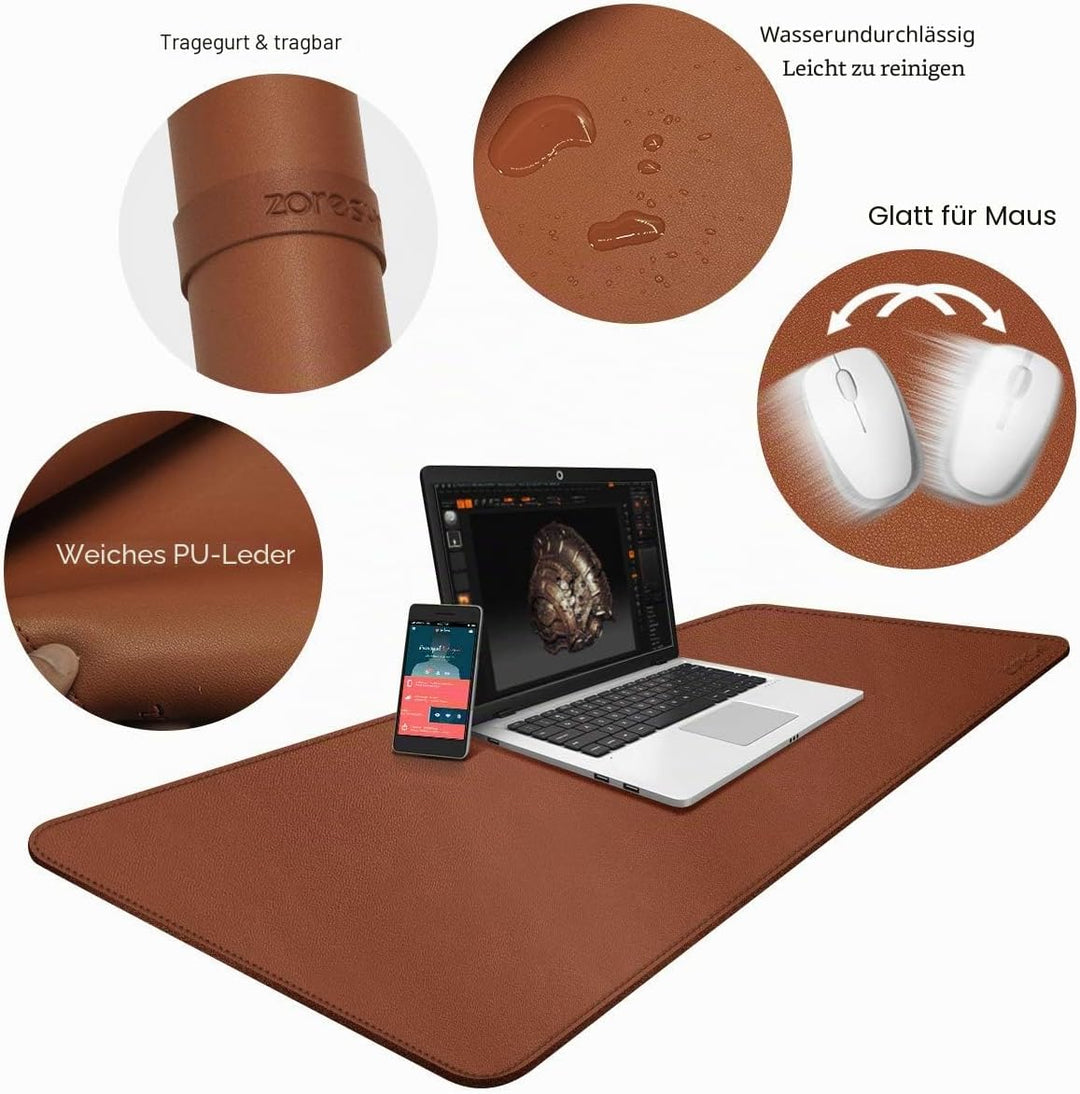 ZORESYN PU Leder Schreibtischunterlage XXL 110x50cm - rutschfeste Büro-Matte mit Rollband Premium Ti