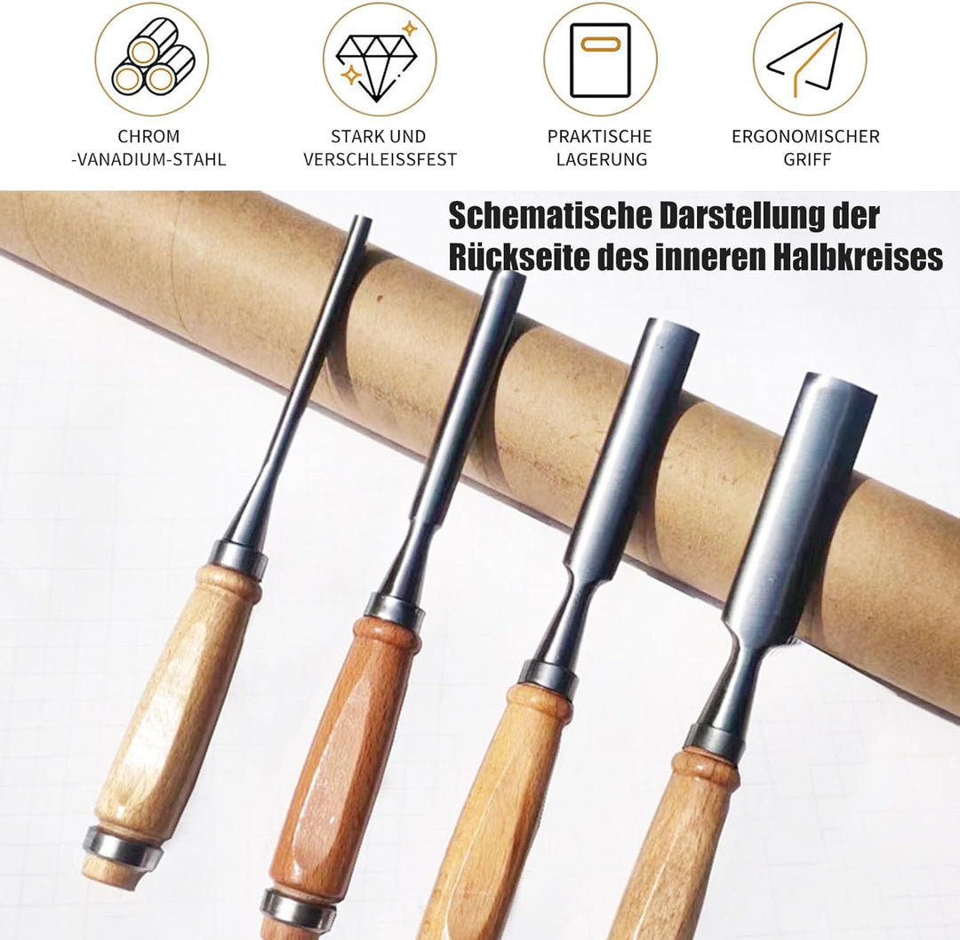 4 Stück Holz Meissel Set, Stechbeitel Rund Gebogen Hohlbeitel Werkzeuge Set, CR-V Stahl halbkreisför