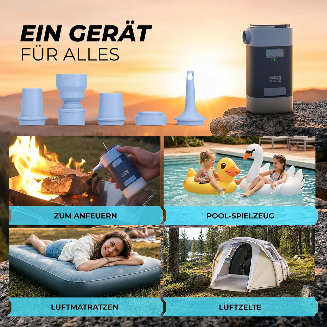 LEBENLANG 3 in 1 Elektro Luftpumpe Akku - 4,5kPa & 4000mAh mit Solarpanel I IPX4 Elektrische Pumpe A