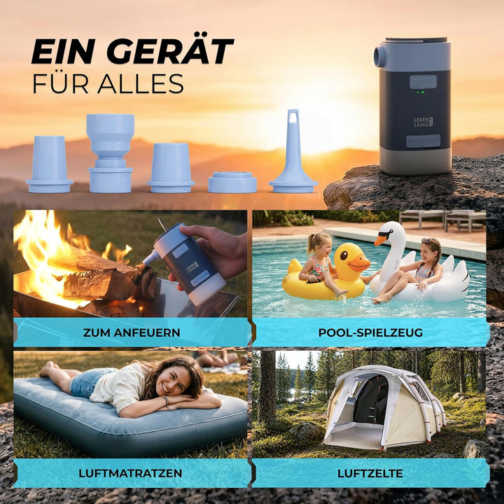 LEBENLANG 3 in 1 Elektro Luftpumpe Akku - 4,5kPa & 4000mAh mit Solarpanel I IPX4 Elektrische Pumpe A
