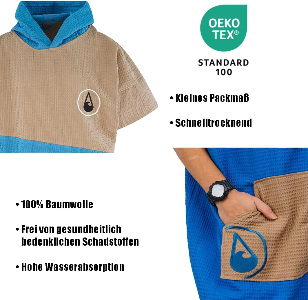 WAVE HAWAII Poncho Lighd Surfponcho 100% Baumwolle für Körpergrössen von 170-200 cm Umkleidehilfe fü