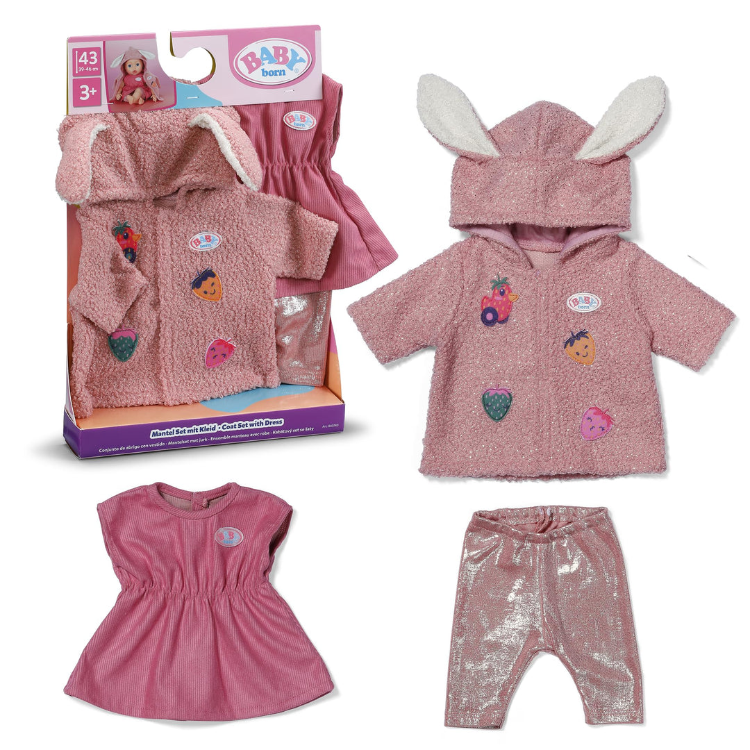 Baby Born Mantel Set mit Kleid, Leggings und Kapuze mit Ohren für 43cm Puppen