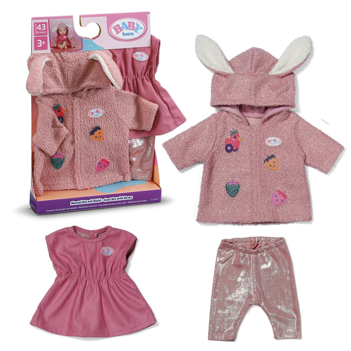 Baby Born Mantel Set mit Kleid, Leggings und Kapuze mit Ohren für 43cm Puppen
