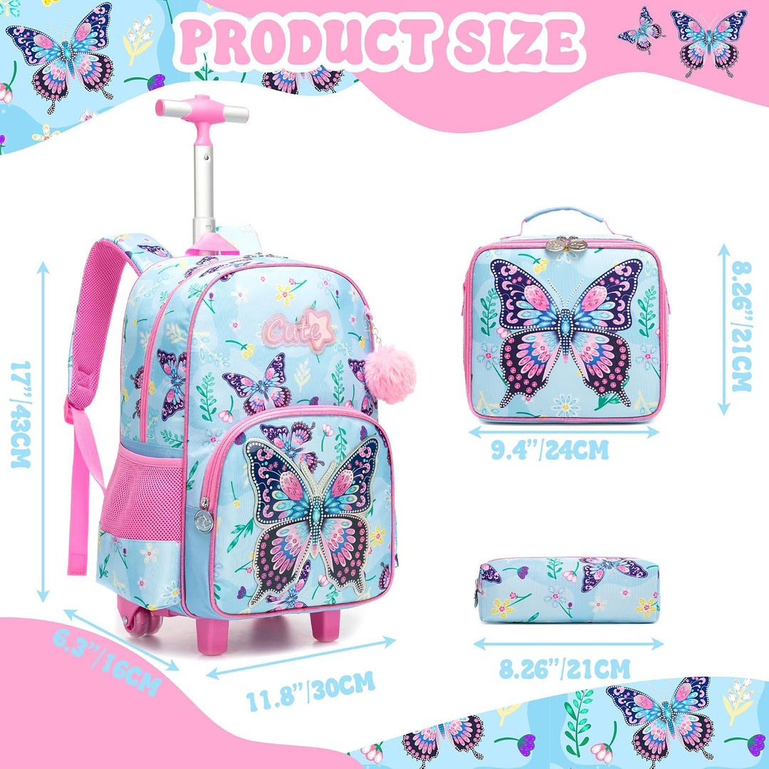 HTgroce Schulrucksack Trolley Mädchen (Schmetterling Design) – Ergonomischer Schulranzen mit Rollen
