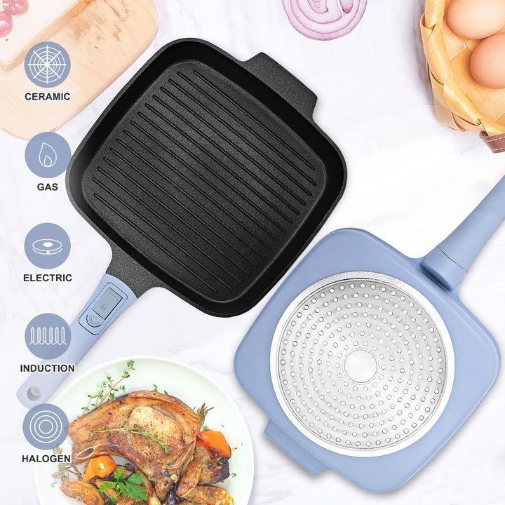 RANX INGST Grillpfanne Induktion mit Deckel 26 x 24 cm, Steakpfanne Eckig mit Abnehmbarer Griff, Gri