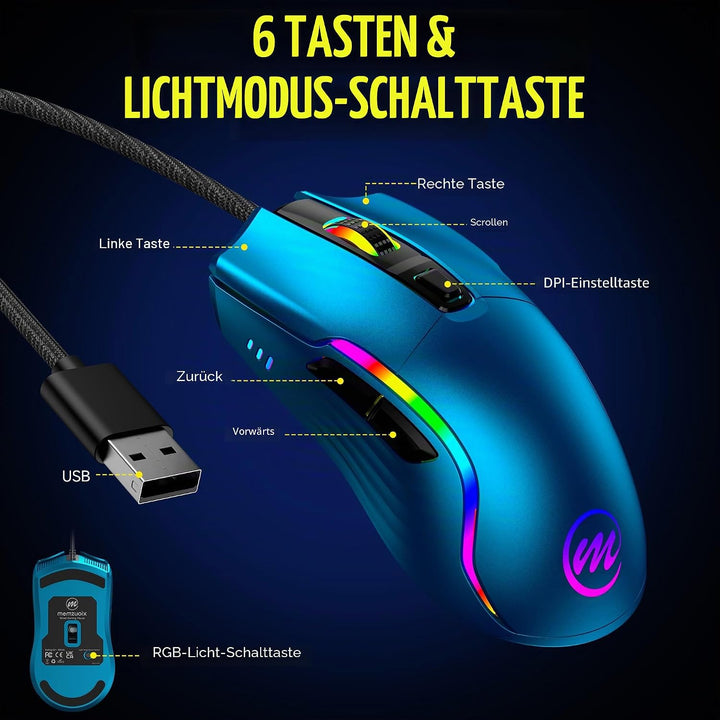 memzuoix Gaming Maus mit Kabel und LED-Lichtern – 12.800 DPI einstellbar, 6 Tasten, 12 RGB-Modi, Erg