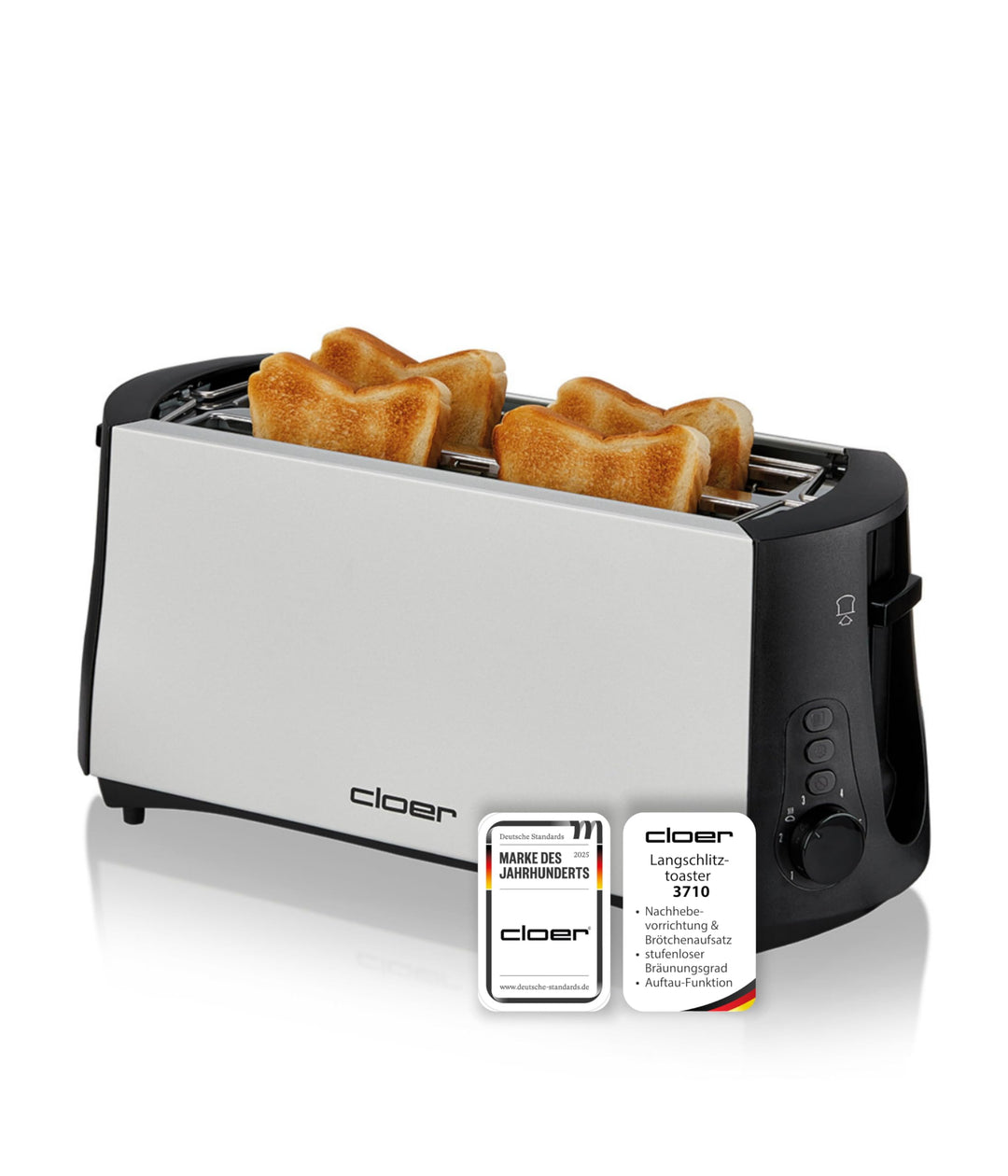 Cloer 3710 Langschlitztoaster für 4 Toastscheiben / 1380 W / integrierter Brötchenaufsatz / Nachhebe