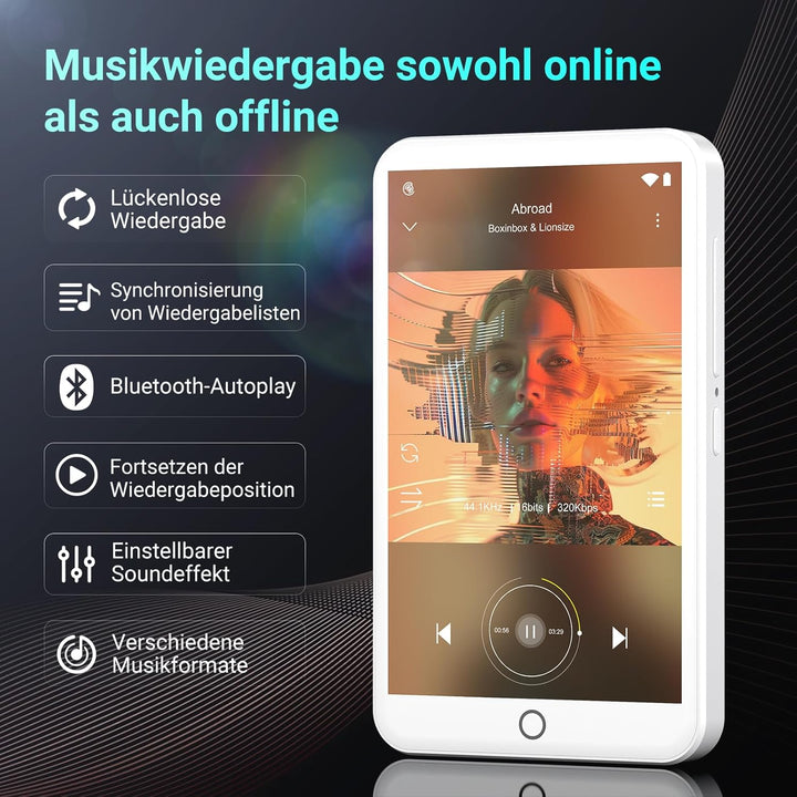 MP3 Player mit Bluetooth und WiFi, Android 13 MP3 MP4 Player mit 4“ Touchscreen und Lautsprecher, 3G