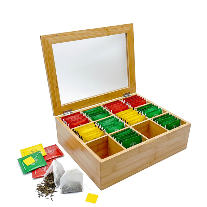 AH® Teebox aus Bambus mit 12 Fächern – Teekiste zur Teebeutel Aufbewahrung mit Sichtfenster &amp; Magnet