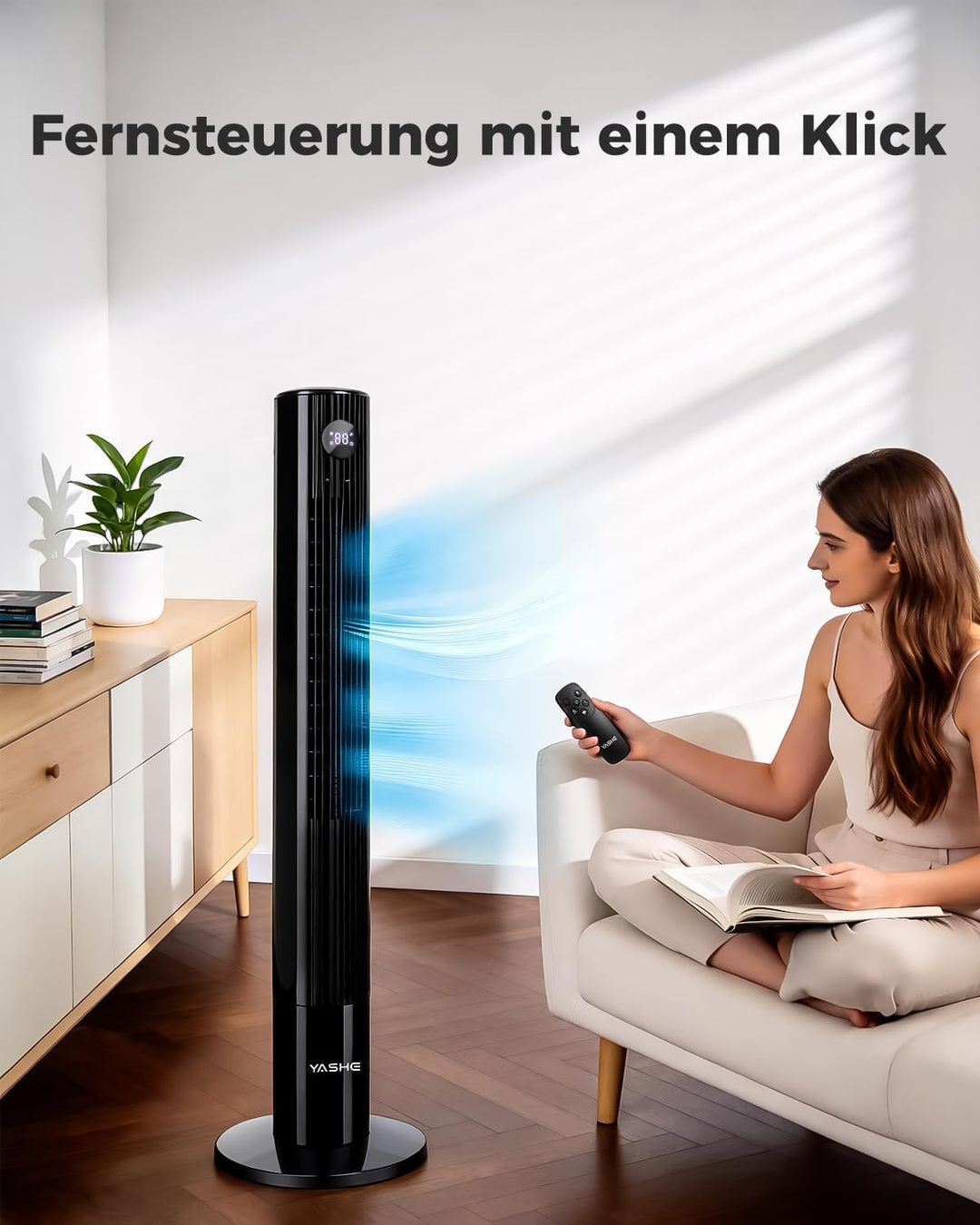 YASHE Turmventilator mit Fernbedienung, 85°-Oszillation, leiser Standventilator (28 dB), 3 Geschwind