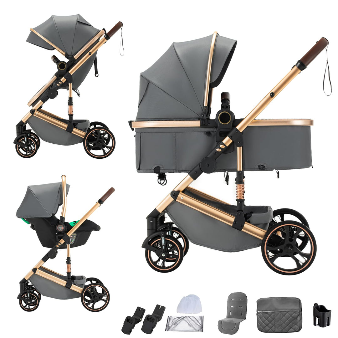 Kinderwagen 3 in 1,Puppenwagen Mit Babyschale Buggy Komplettset with One-touch Folding,KombiKinderwa