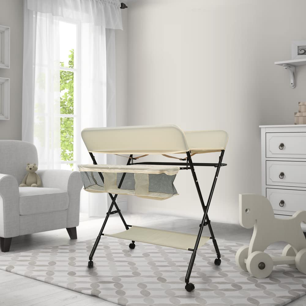 OHMG Baby Wickelkombi Klappbare Wickelkommode,Wickeltisch mit Rollen,Mobiler Wickeltisch mit Wickela