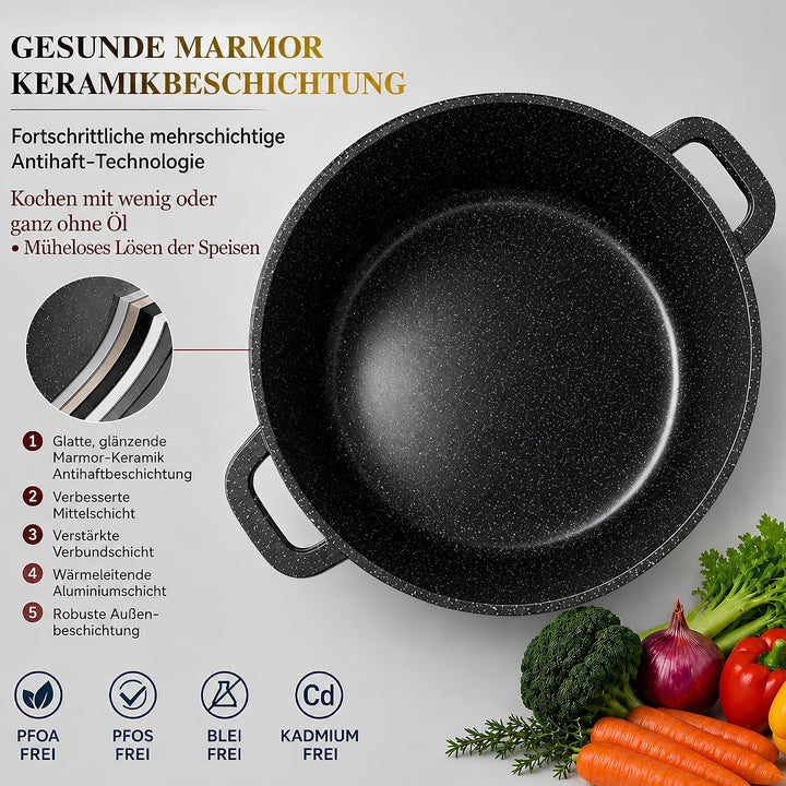 GOLDMANN 28 CM - 10L - Aluguss-Kochtopf/Suppentopf mit Glasdeckel und Silikongriffen, Marmor-Keramik