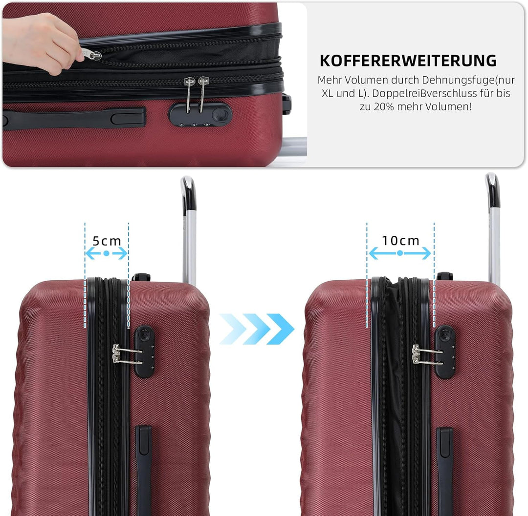 BEIBYE Zwillingsrollen 2066 Hartschale Trolley Koffer Reisekoffer Gepäck M-L-XL-Set (Weinrot, Set) W