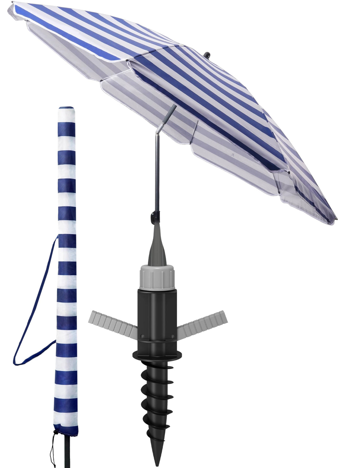 4smile Sonnenschirm Strand SunnyJoy 3-IN-1-SET, Fb. Blau-Weiss - Strandschirm Ø 180 cm + Bodenhülse