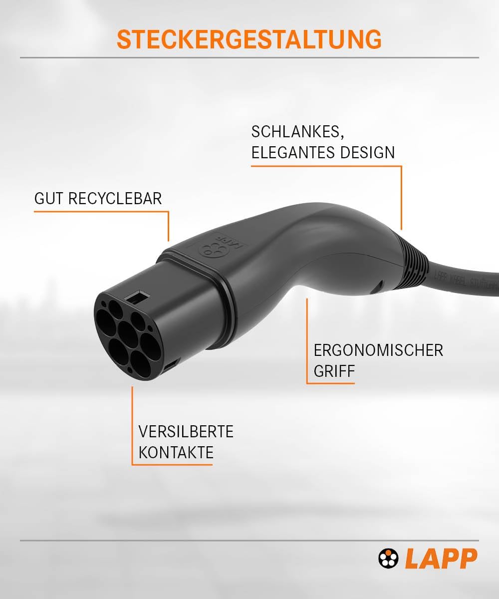 Lapp Mobility Typ 2 Ladekabel 11 KW/Glatt / 20 A / 3-Phasig/E-Auto Ladekabel/Mode 3 / 5m 5 Meter Sch