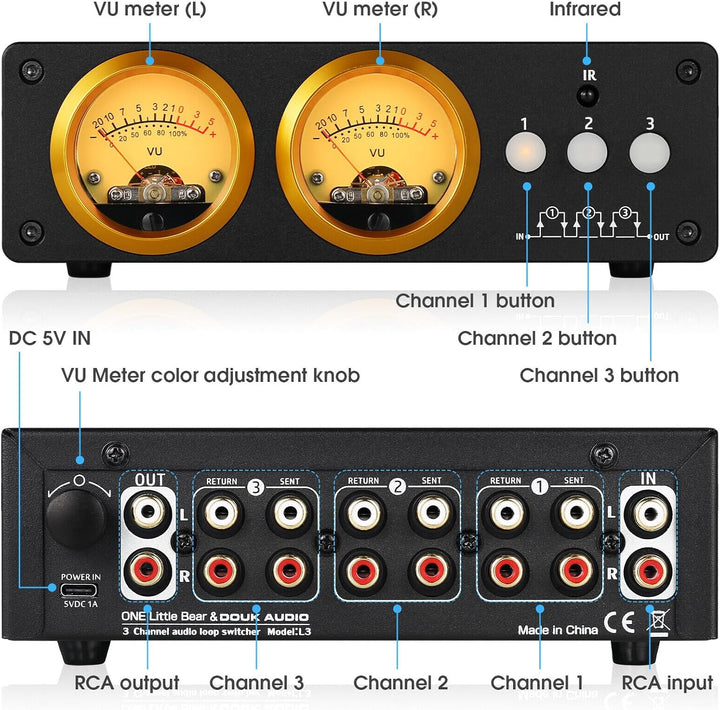 Douk Audio L3 3-Kanal Loop Switcher Audio Selektor Box Duales VU Meter Splitter with IR Remote