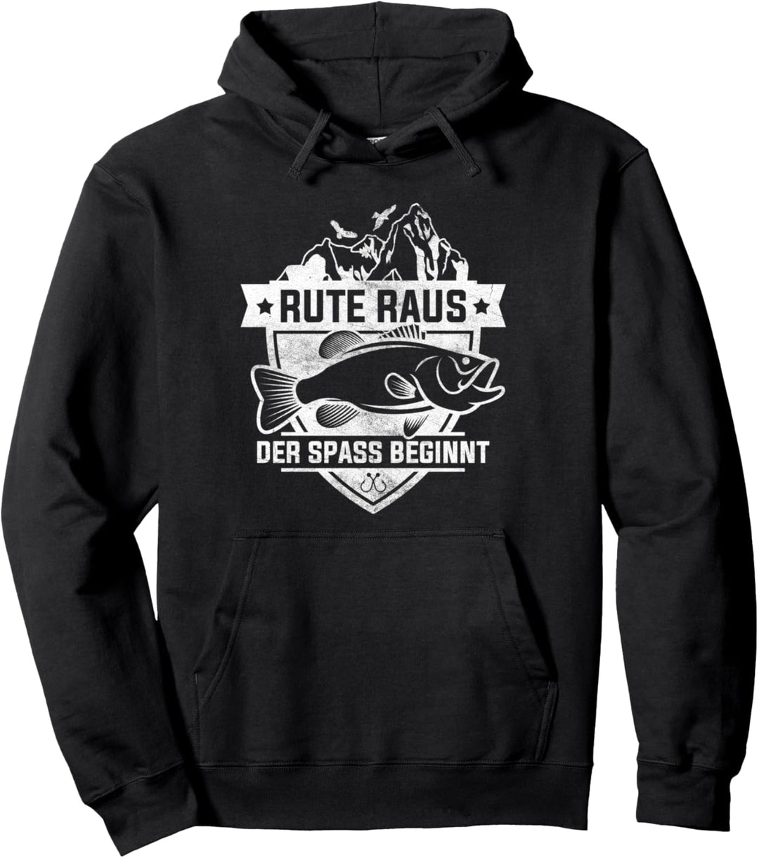 Rute Raus der Spass beginnt Fischer Angler Geschenk Pullover Hoodie