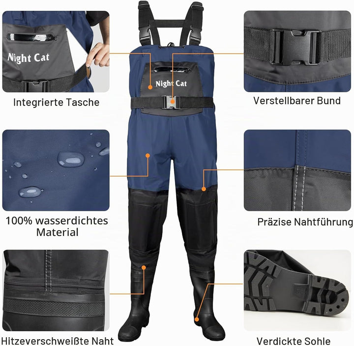 Night Cat Wathose Herren Damen Frauen Wathose mit Stiefeln wasserdichte Atmungsaktive Crosswater Wad