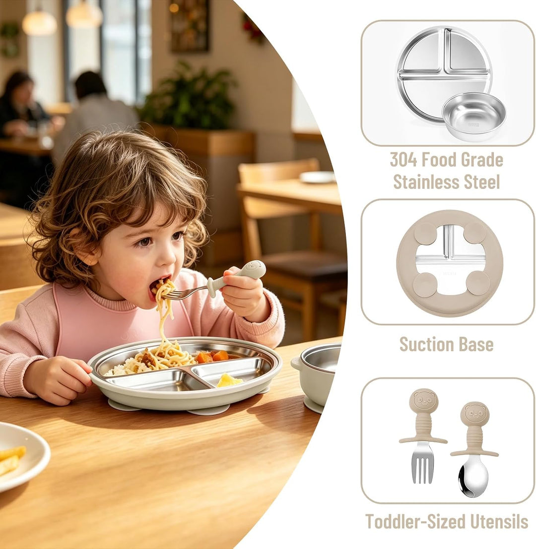 Baby Geschirr Set Edelstahl 4Teilig Geteilter Babyteller Saugnapf | Babyschale Rutschfest mit Griffe