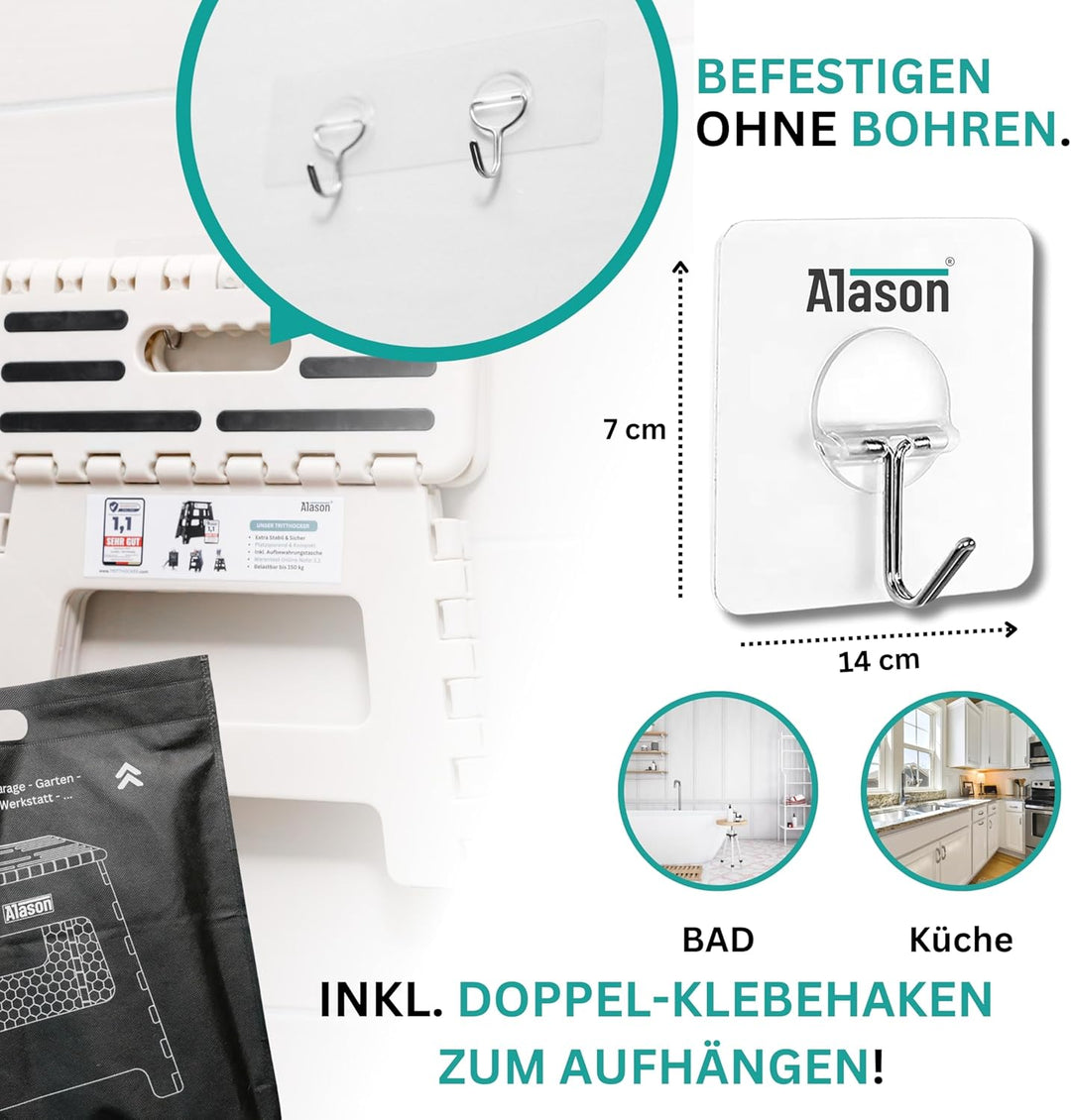 VERGLEICHSSIEGER - Alason Tritthocker Klappbar 22 cm, Belastbar bis 150 kg – Mit Aufhängehaken &amp; Auf