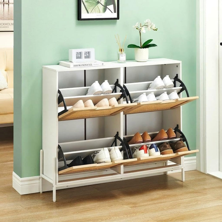 Schuhschrank Breit 100 × 24 × 88 Hoch cm, 4 Klappen, Schmaler Freistehender Schuhkipper Aus Rattan,