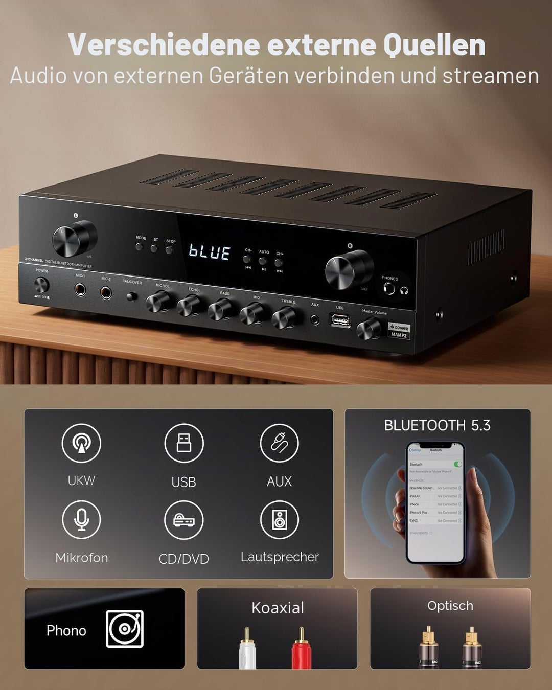 Donner Stereo Verstärker, 600 W Peak, 2-Kanal-Receiver mit Bluetooth 5.3, Phono, Optisch, Koaxial, U