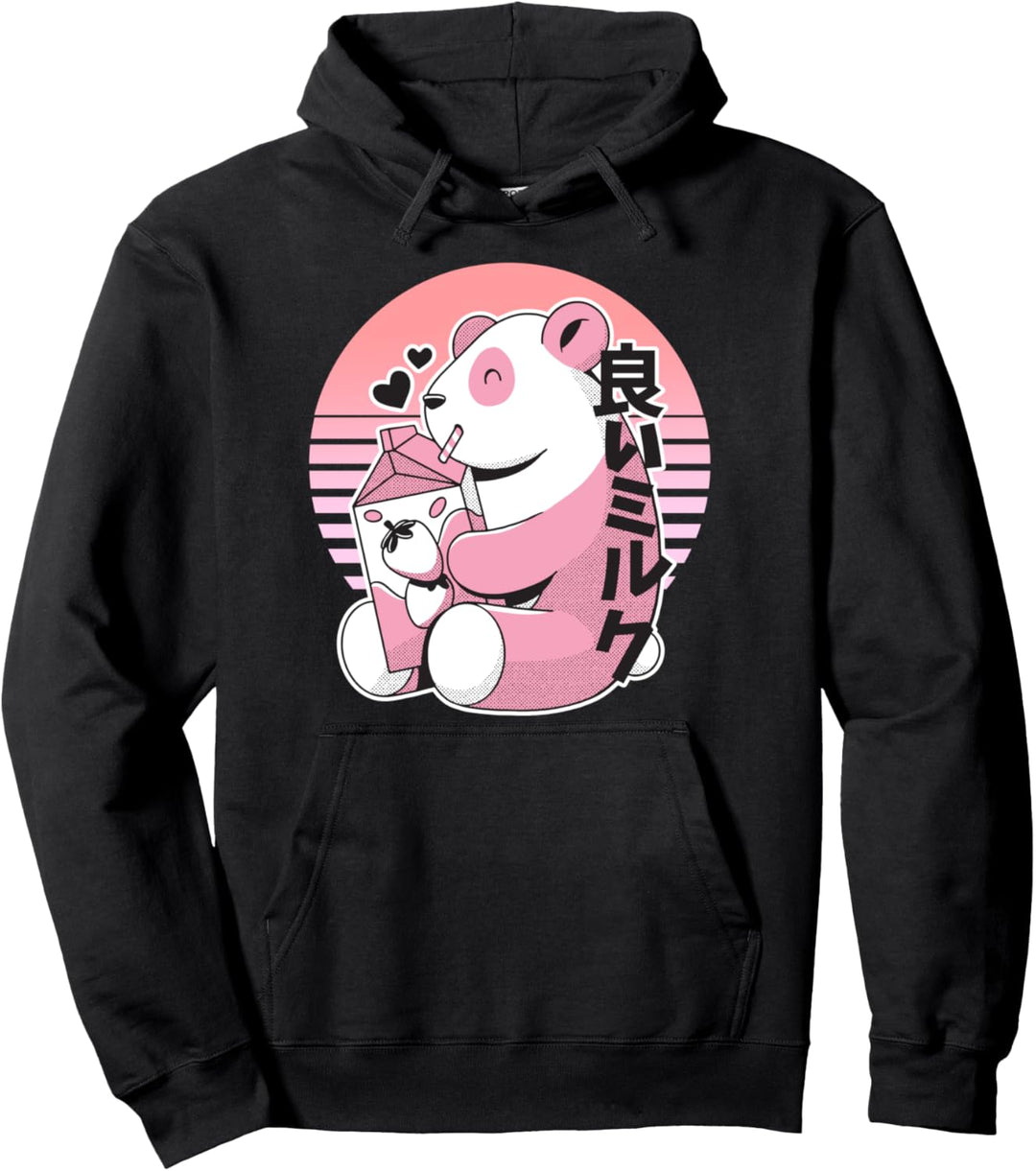 Cute Panda Drinking Strawberry Milk Japanese Style Pullover Hoodie