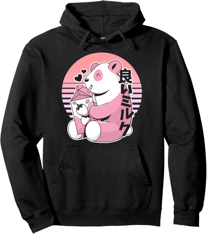 Cute Panda Drinking Strawberry Milk Japanese Style Pullover Hoodie