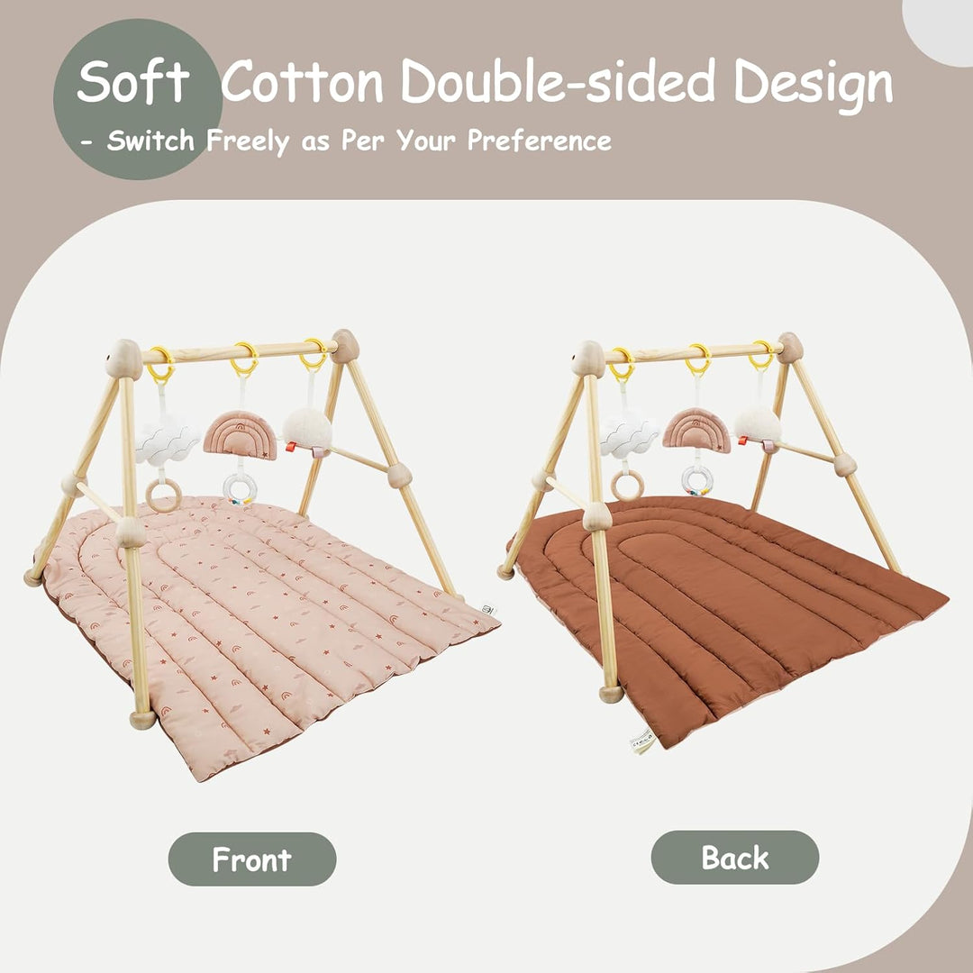 4 IN 1 Spielbogen Baby, Spielmatte Babies mit Natur Holz Activity Spielbogen, 3 abnehmbaren Spielzeu