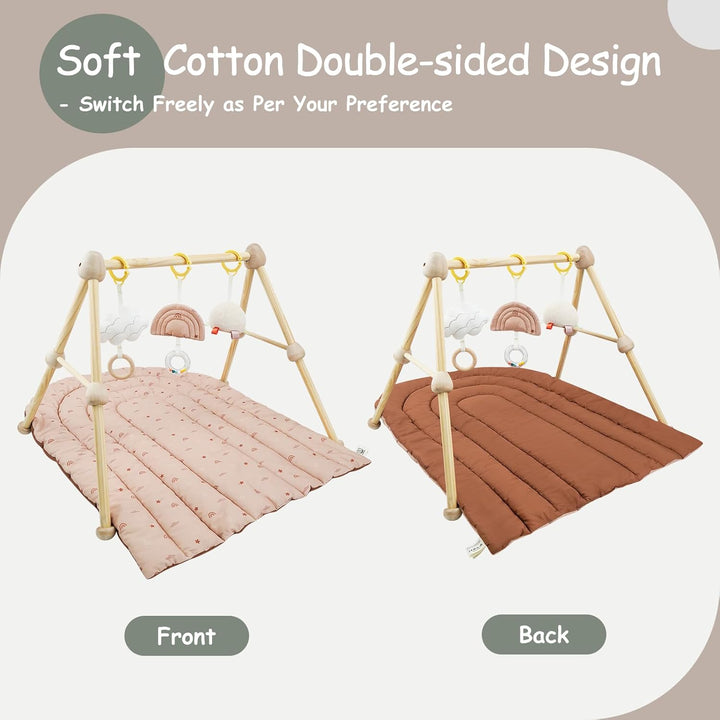 4 IN 1 Spielbogen Baby, Spielmatte Babies mit Natur Holz Activity Spielbogen, 3 abnehmbaren Spielzeu