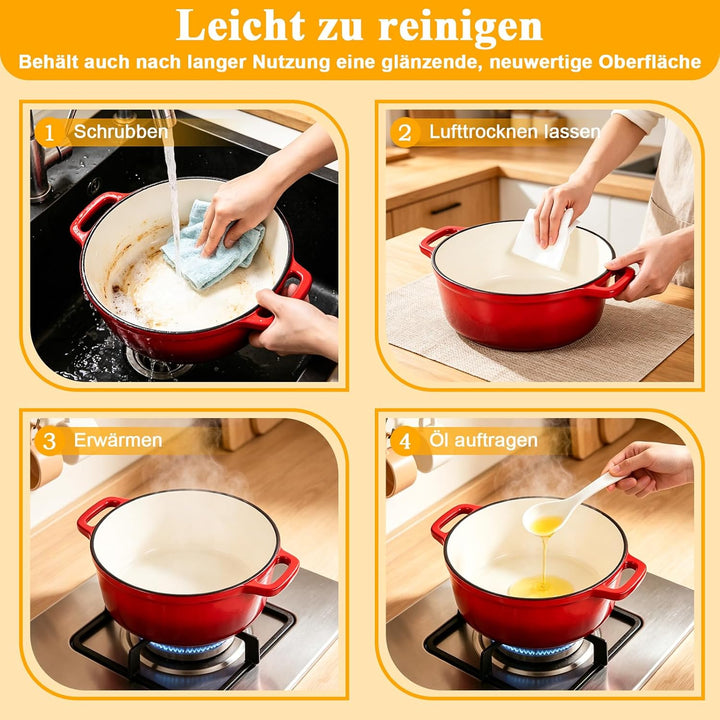Gusseisen Topf 5.7L, 26cm Emaille Bräter mit Deckel, Schmor- &amp; Brotbacktopf, für Brot backen, Sauert