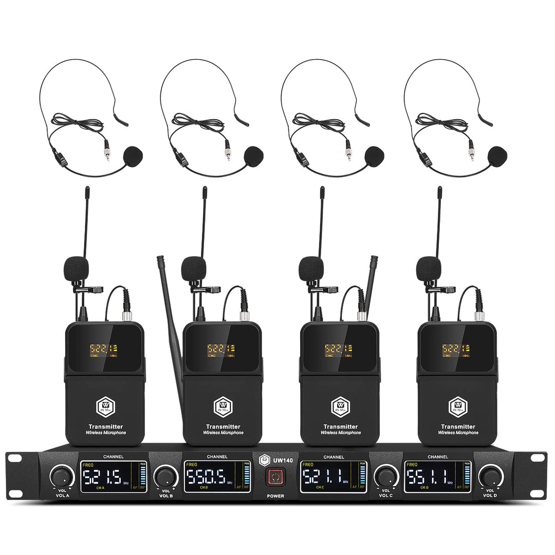 W IN-MIX Professionelles UHF-Funkmikrofonsystem, 4 Kanäle, 80 Meter Reichweite, mit Lavalier- und He