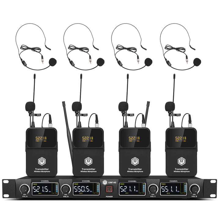 W IN-MIX Professionelles UHF-Funkmikrofonsystem, 4 Kanäle, 80 Meter Reichweite, mit Lavalier- und He